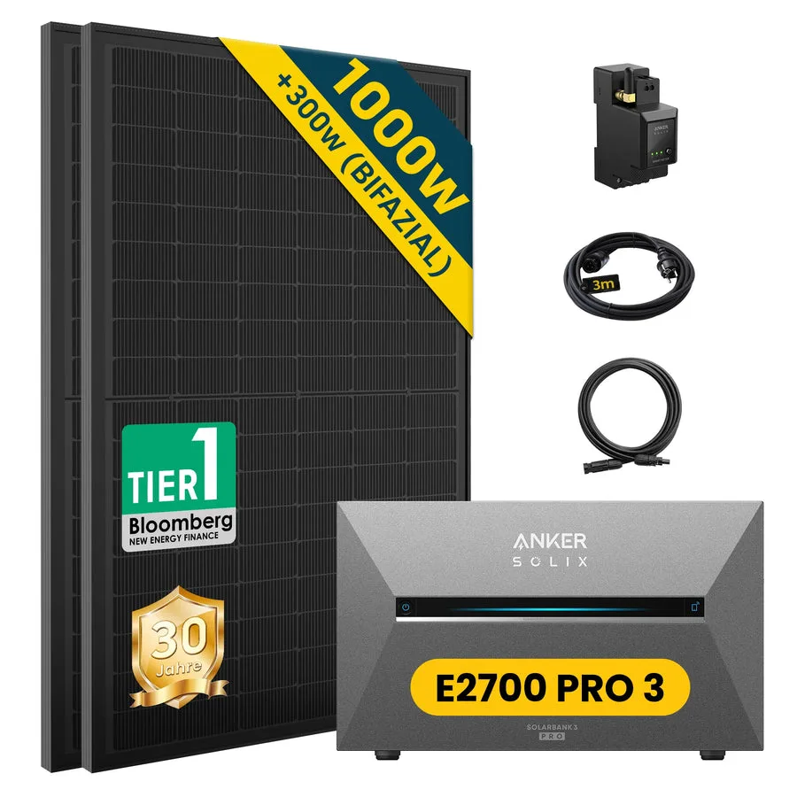 Händlerfoto: das 500-W-Solarmodul mit dem Anker SOLIX Solarbank 3 E2700 Pro und dem DC-Kabel, Systemzeichnung mit 1000 W