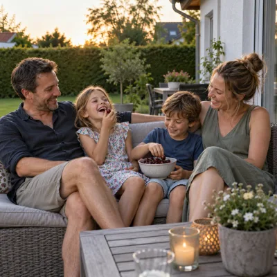 Eine Familie mit zwei Kindern lacht auf einer grauen Rattan-Lounge auf der Terrasse, die Kinder teilen sich eine Schale Kirschen
