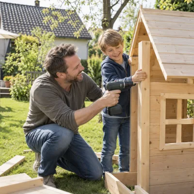 Ein Vater und sein Sohn bauen lachend ein kleines Holzspielhaus im Garten auf, mit Akkuschrauber