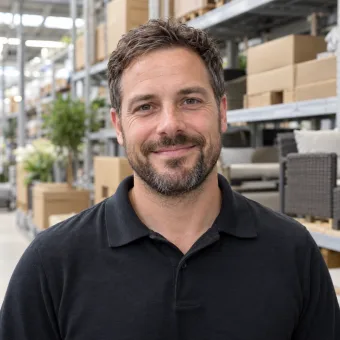 Ein Mann Ende dreißig im dunklen Poloshirt vor unscharfen Regalen mit verpackten Gartenmöbeln