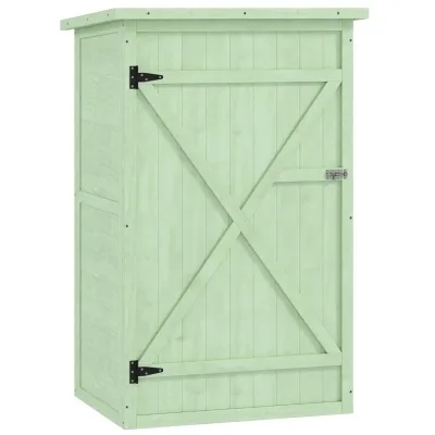 Outsunny Gartenschrank aus Holz in Hellgrün mit einer Tür, schwarzen Scharnieren, Riegel und schrägem Dach