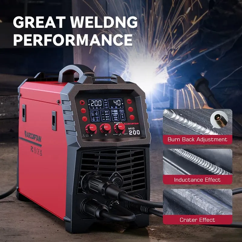 The MIG200 front panel in a workshop with sparks behind it, next to three close-ups of weld beads labelled burn back adjustment, inductance effect and crater effect