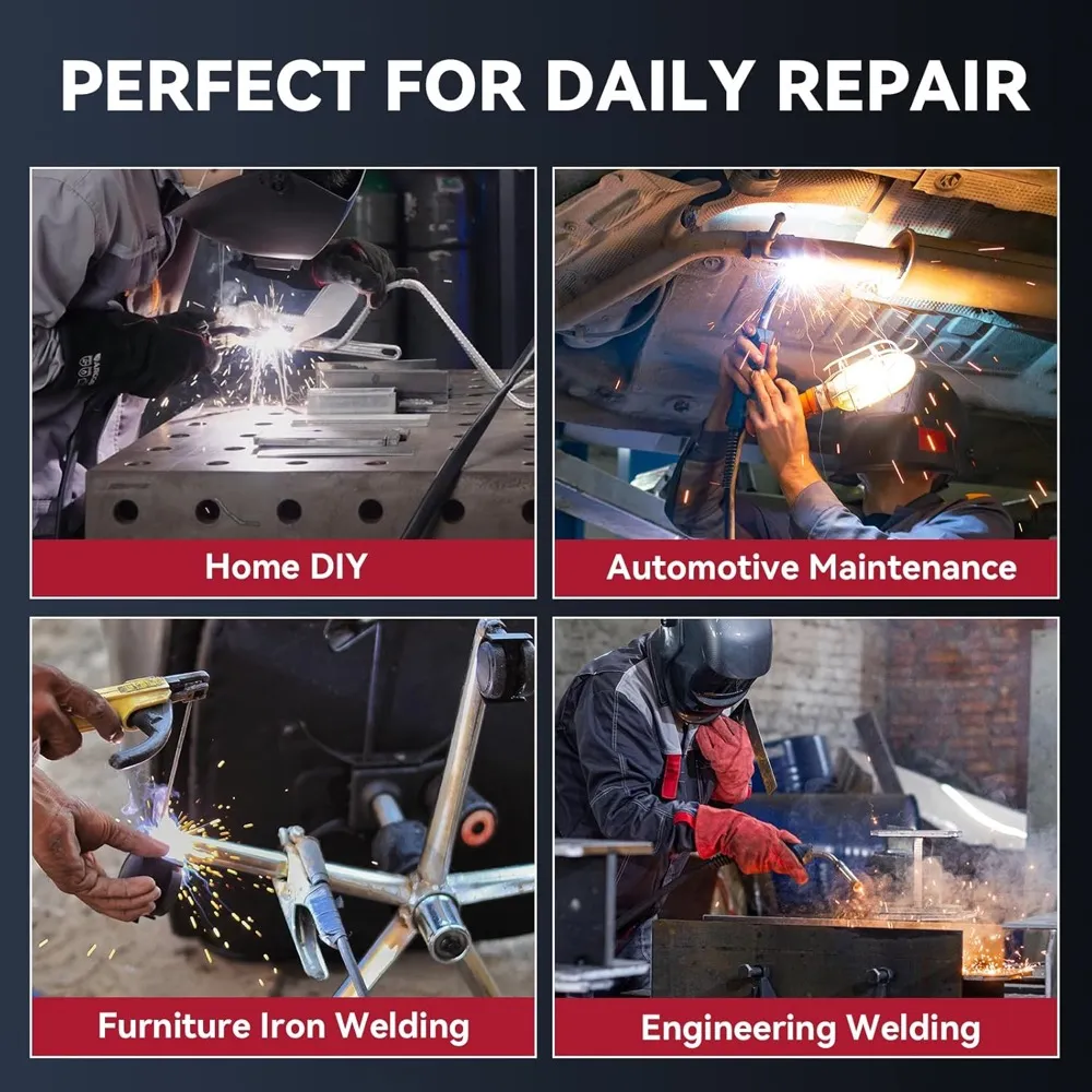 Arccaptain's collage of four welding scenes: a bench weld in a home shop, an exhaust repair under a car, a furniture frame being welded, and a helmeted welder in a workshop