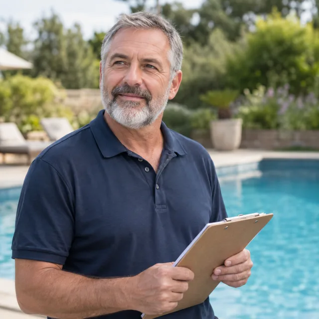 Illustration: ein Pooltechniker im dunkelblauen Poloshirt mit Klemmbrett am Beckenrand, Porträt
