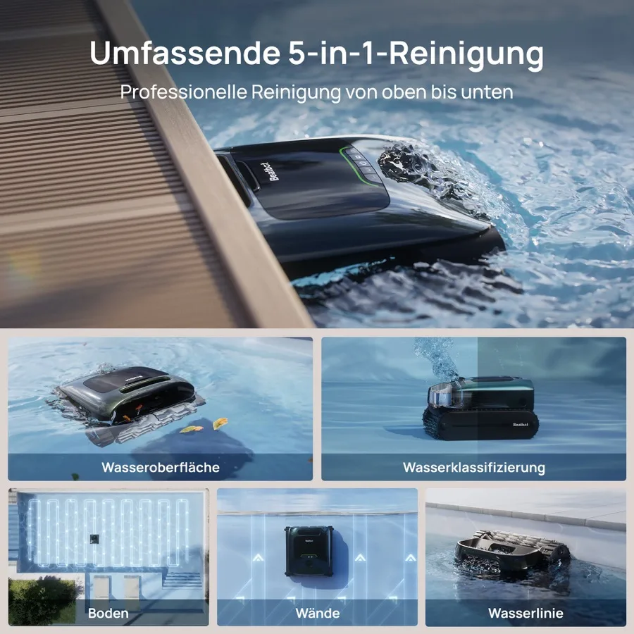 Herstellerfoto: Übersicht der fünf Reinigungsbereiche Wasseroberfläche, Wasserklärung, Boden, Wände und Wasserlinie