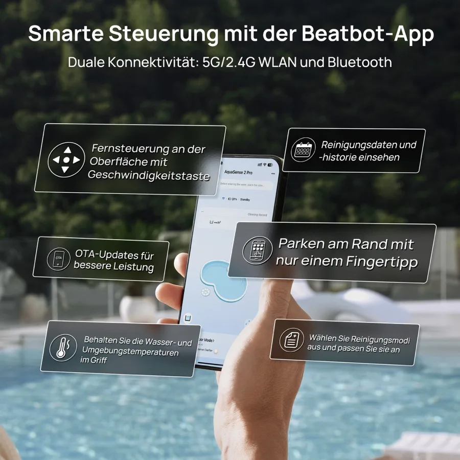 Herstellerfoto: eine Hand hält ein Smartphone mit der Beatbot-App vor einem Pool, Grafik zu WLAN und Bluetooth