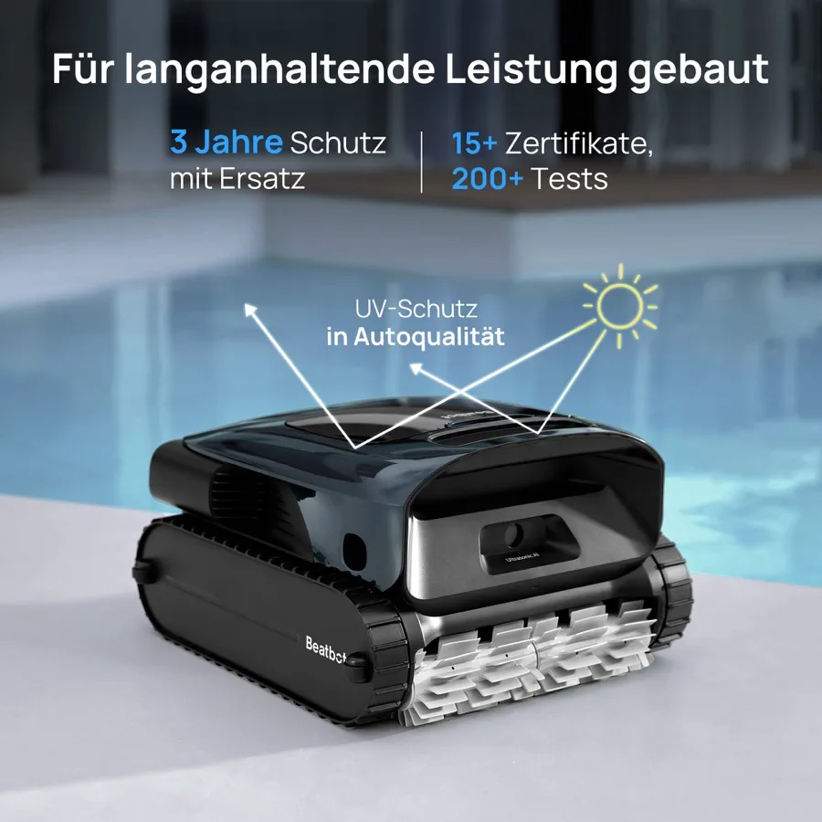 Herstellerfoto: der AquaSense 2 Pro am Beckenrand von vorn, Grafik des Herstellers zu 3 Jahren Schutz und UV-Schutz