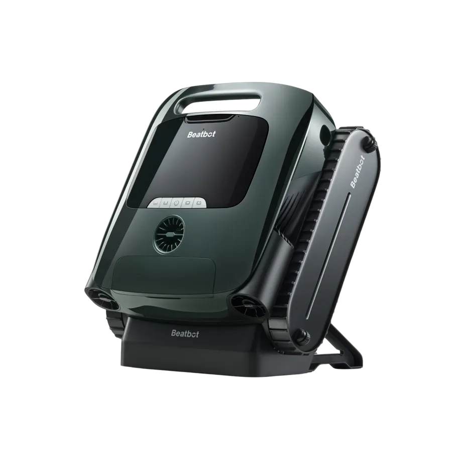 Herstellerfoto: der Beatbot AquaSense 2 Pro in Dunkelgrün mit Tragegriff, Bedienfeld und Ladestation, Packshot