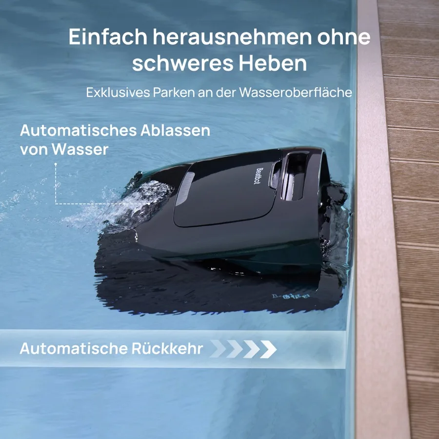 Herstellerfoto: der Roboter parkt am Beckenrand an der Wasseroberfläche, Grafik des Herstellers zur automatischen Rückkehr