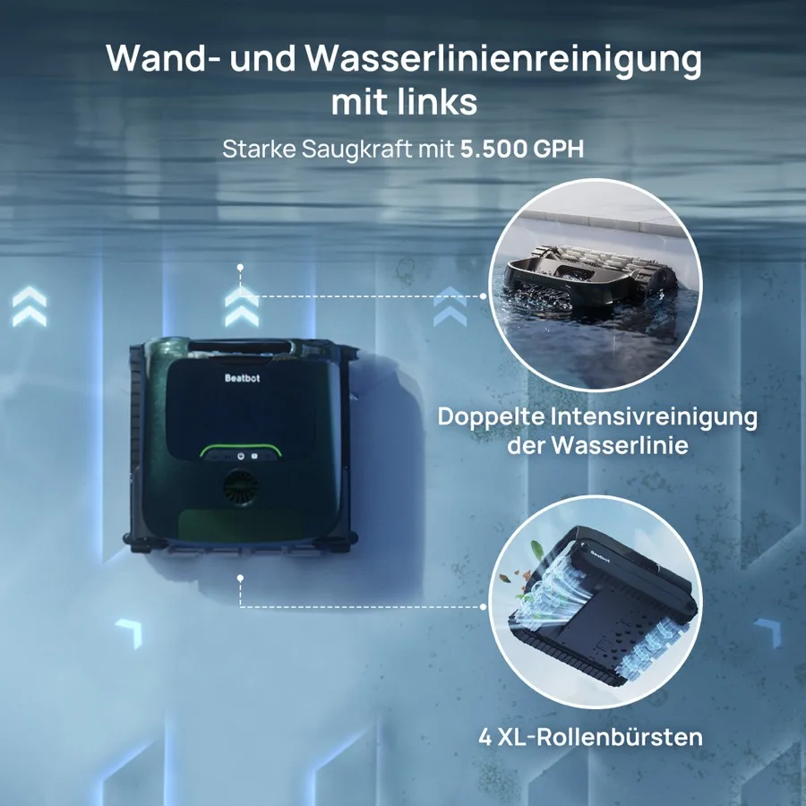 Herstellerfoto: der Roboter an der Poolwand, mit Ausschnitten zur Wasserlinie und zu den vier Rollenbürsten