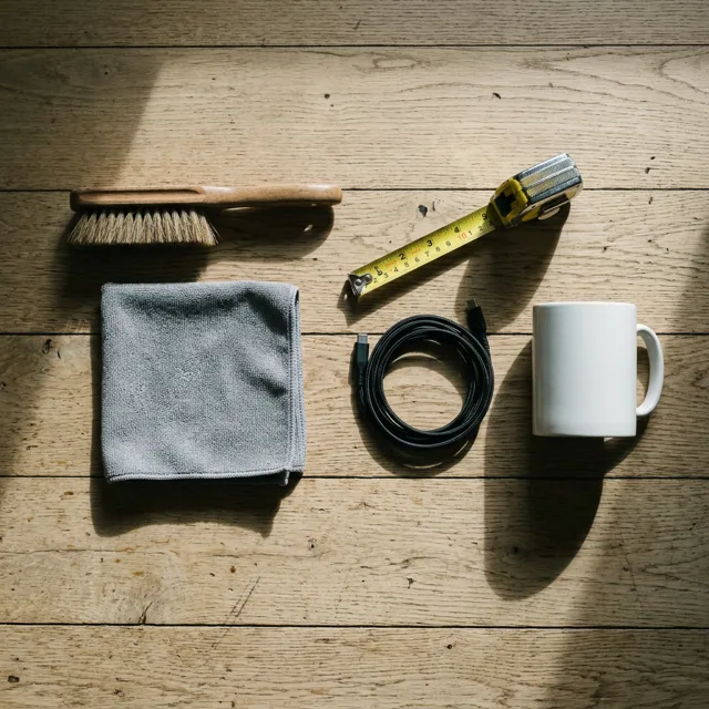 A flat lay on oak boards: a soft brush, a tape measure, a grey microfiber cloth, a coiled cable and a white mug