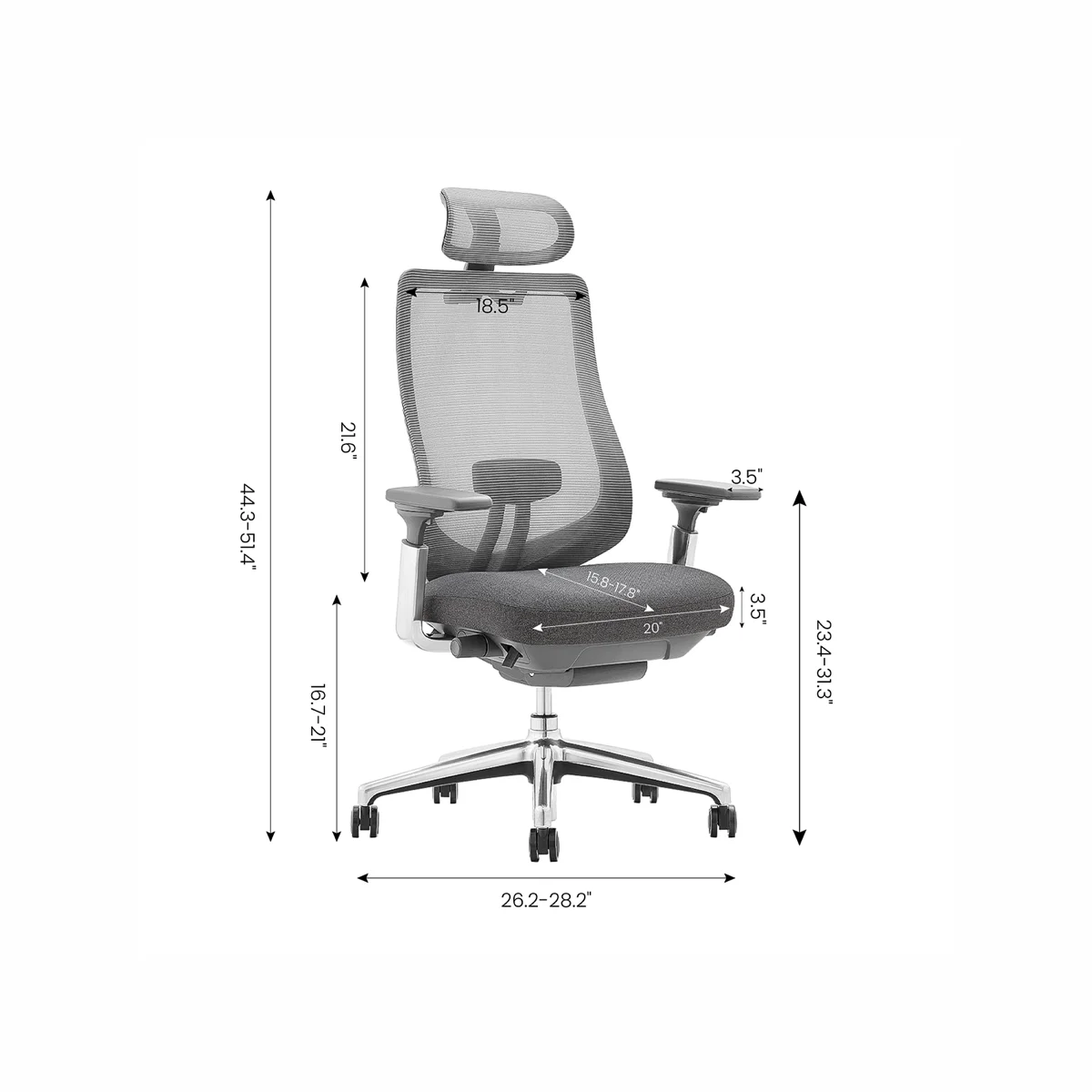 COLAMY's dimension drawing of the ATLAS: 44.3 to 51.4 inches tall, 20 inch seat width, 15.8 to 17.8 inch seat depth, 26.2 to 28.2 inch base