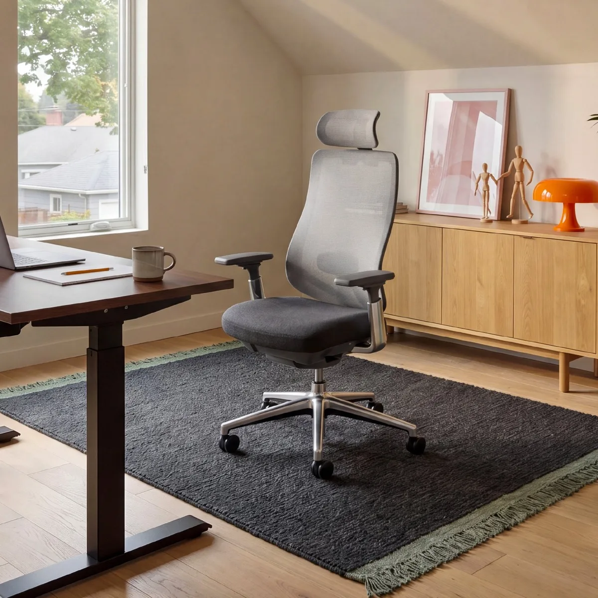COLAMY ATLAS in Dark Gray beside a wooden desk in an attic home office, an oak sideboard and an orange lamp behind it