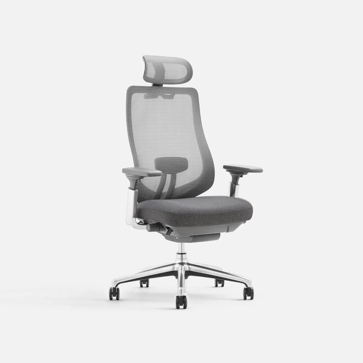COLAMY ATLAS office chair in Dark Gray: grey mesh back with a headrest, dark grey seat cushion, 4D armrests and a polished aluminum five-star base