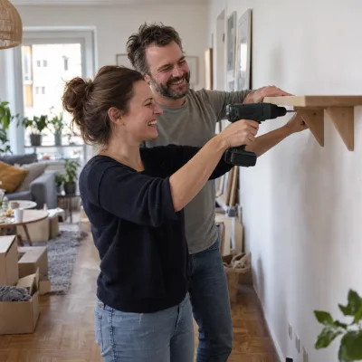 Ein Paar in den Vierzigern montiert lachend ein Holzregal mit dem Akkuschrauber, im Wohnzimmer stehen noch Umzugskartons