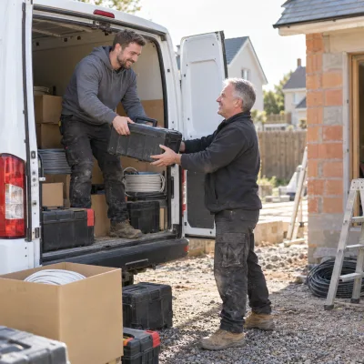 Zwei Handwerker reichen sich am Transporter einen Werkzeugkoffer, daneben Kabelrollen und Kartons an einem Neubau