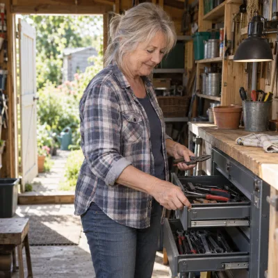 Eine Frau in den Sechzigern sortiert Zangen in die Schubladen eines Werkzeugschranks in ihrem Gartenschuppen