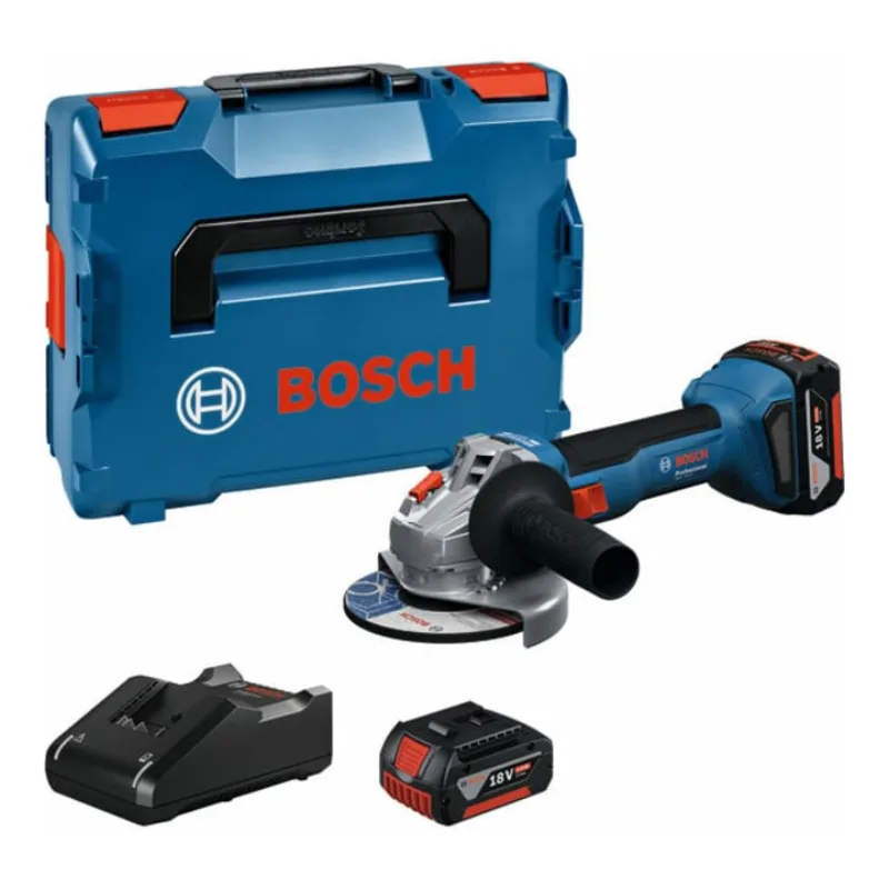 Bosch Akku-Winkelschleifer GWS 18V-8 mit zwei 18-V-Akkus, Ladegerät und blauer L-BOXX 136