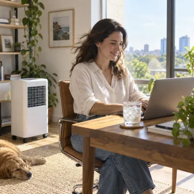 A woman in her thirties in a white linen shirt smiles at her laptop at a wooden desk by a big sunny window, a glass of iced water beside her, a white portable cooling unit on wheels by the bookshelf and a golden retriever asleep on the rug