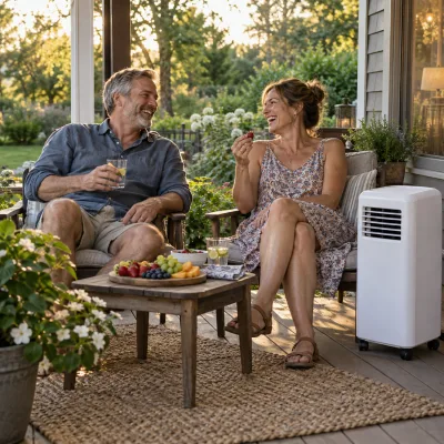 A couple in their fifties laugh on a wooden back porch at golden hour over a board of fruit, a white portable cooling unit on wheels beside their chairs