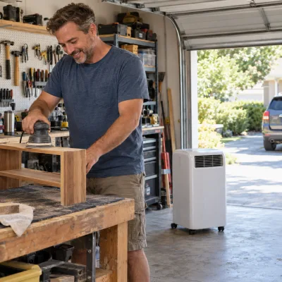 A man in his forties smiles as he sands a small wooden shelf on his garage workbench, a white portable cooling unit on wheels on the concrete floor and the roll-up door open to a sunny driveway