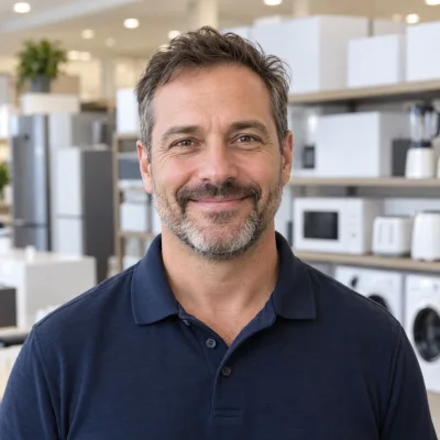 A man in his forties in a plain navy polo shirt smiling at the camera, shelves of white home appliances blurred behind him