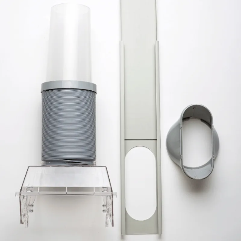 The three parts of the Coolzy Long Tail on a white background: a clear nozzle with a grey flexible hose, a sliding window panel and an oval connector