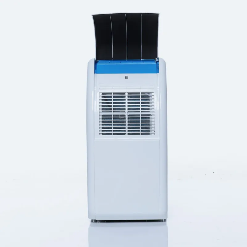 The Coolzy-Pro from the front on a white background: the dark cool air deflector raised over the blue top band, the LED panel and the inlet grille below it