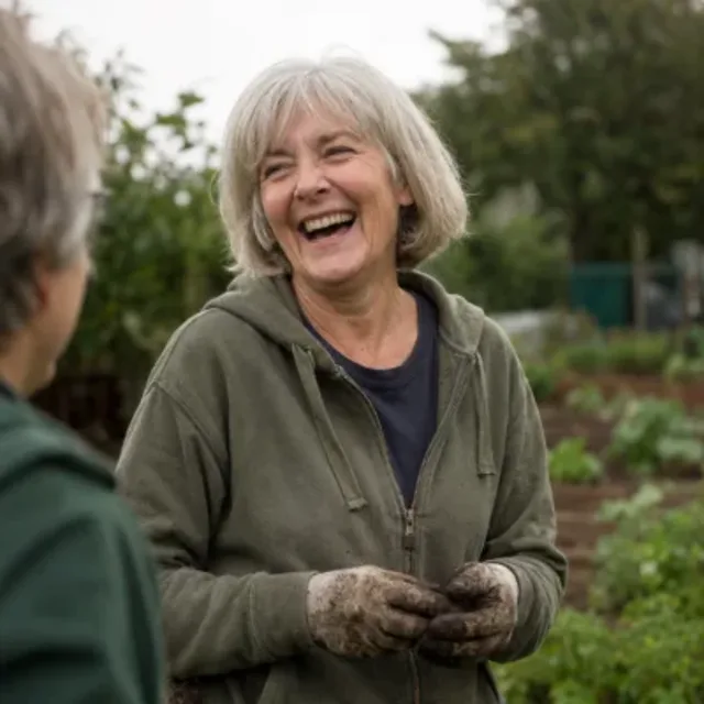 A woman with grey hair laughing in a vegetable garden, soil on her gloves, talking with a friend