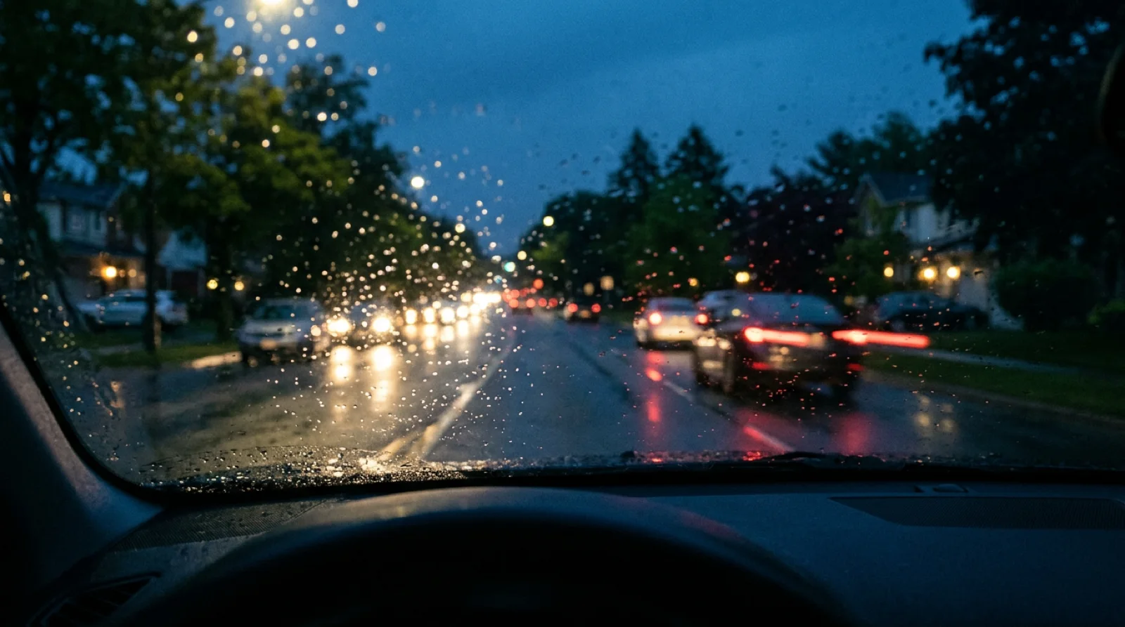 View through a rain-speckled car windshield at blue hour, oncoming headlights and taillights blooming into soft bokeh on a wet suburban avenue