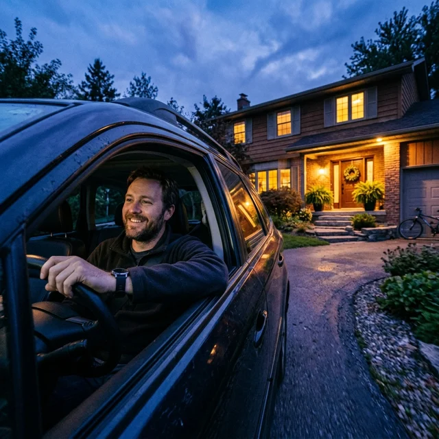 A driver in their 30s pulling into a home driveway at dusk, seen through the car's side window with a relaxed smile as the porch light comes on