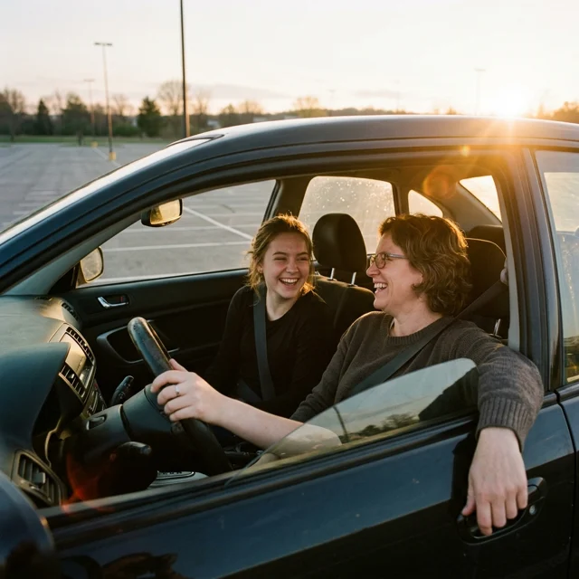 A parent laughing with a teenage driver during an evening practice drive in an empty parking lot, low warm sun flaring through the rear window