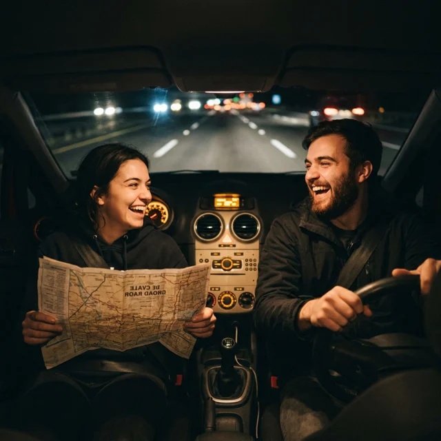 Two friends on a night road trip, one holding a paper map and grinning, the driver mid-laugh, dashboard glow lighting their faces against dark highway bokeh