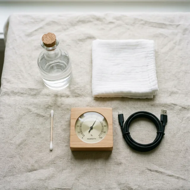 Flat lay on pale linen: a small carafe of distilled water, a folded white cloth, a cotton swab, a wooden analog hygrometer and a coiled USB cable