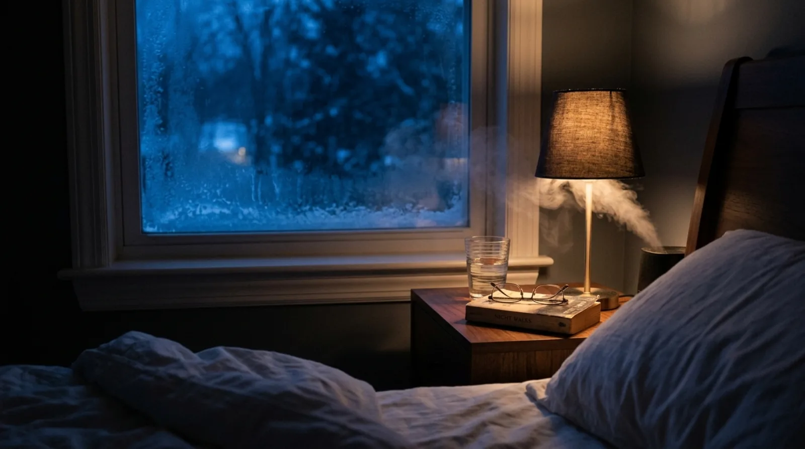 An illustrative staged bedroom scene, not a photo of the actual product: a dark nightstand at night with a walnut side table, a warm lamp, a glass of water, folded reading glasses and a paperback, a thin ribbon of cool mist drifting through the lamplight, a frosted window and deep blue winter darkness beyond