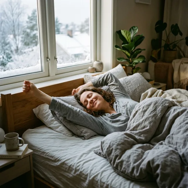 A person in their 30s stretching contentedly in bed in soft winter morning light, breathing easily with an easy relaxed expression