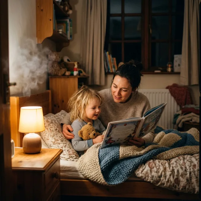 A parent reading a picture book to a small child tucked into bed, warm lamplight on their faces and a faint wisp of mist catching the light at the edge of the frame