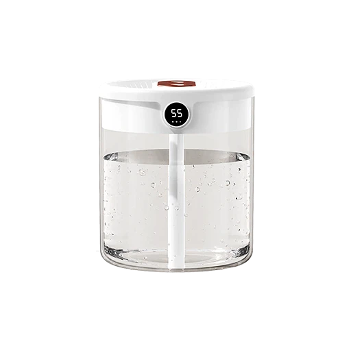 The vendor's own product photo of the Dreamzy Humidifier: a compact white cylindrical mist humidifier with a digital display and a walnut-colored dial cap, water visible in its clear tank