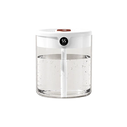 The manufacturer's own product photo of the Dreamzy Humidifier: a compact white cylindrical mist humidifier with a digital display reading 55, a walnut-colored dial cap and water visible in its clear tank
