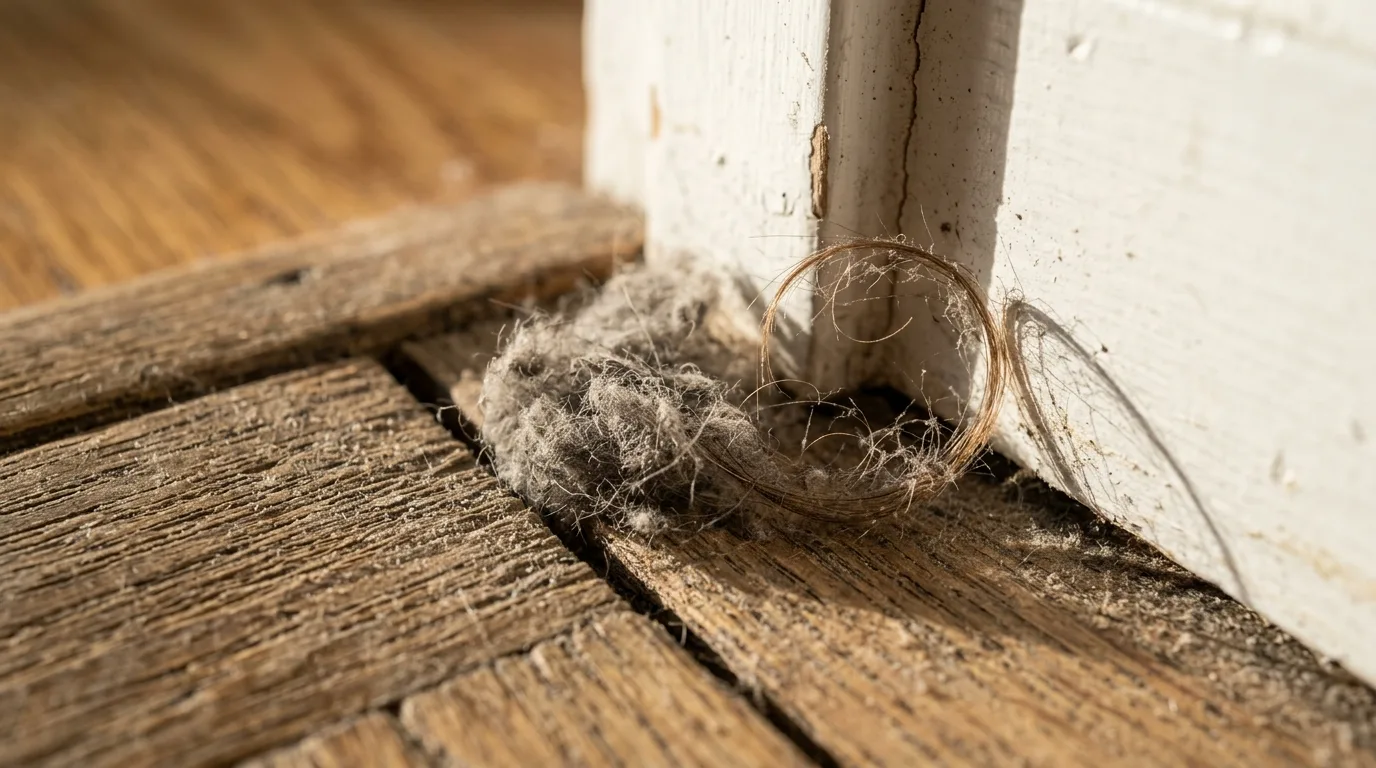 Extreme macro of a soft grey drift of dust and one curl of pet hair caught in the joint between a wood floorboard and a white baseboard, low sunlight raking across so every fibre casts a long shadow