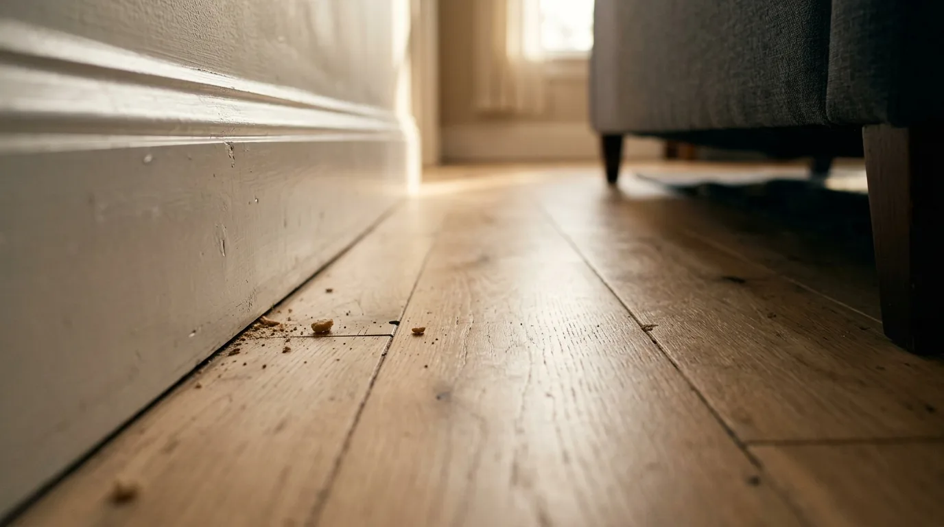 A pale oak floor and white painted baseboard at ankle height in raking early morning light, fine dust and a few crumbs settled near the skirting board, the dark gap under a sofa at the edge of frame