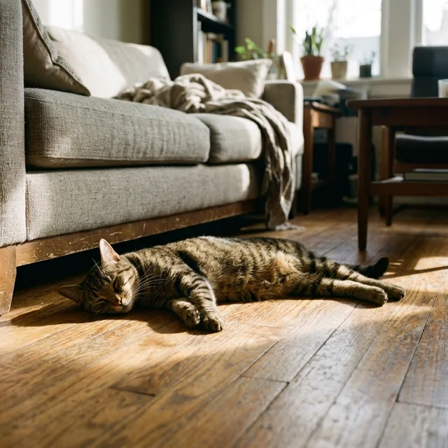 A short-haired cat lying stretched out on a sunlit patch of hard floor, completely relaxed, warm afternoon light and long shadows across the boards