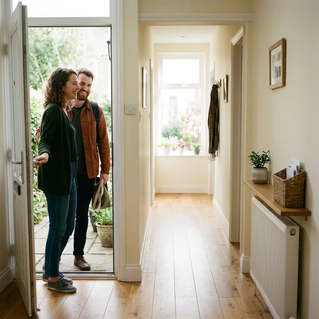 Someone opening a front door to a friend, both looking into a tidy hallway with a clean bare floor running away from the camera, warm daylight