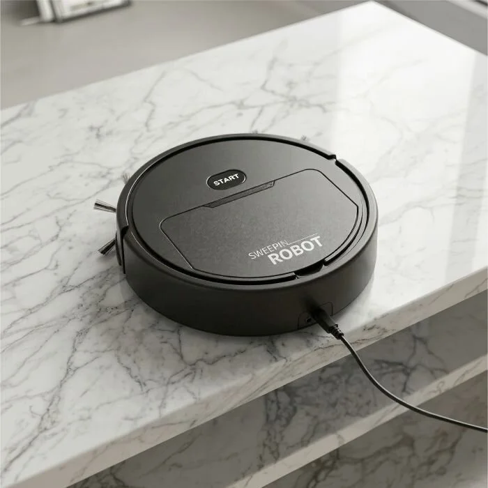 DustaPro robot vacuum plugged in via a USB cable, charging on a marble kitchen countertop