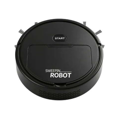DustaPro robot vacuum photographed by the seller: a round black robot vacuum seen from above, a single START button on the lid and the words SWEEPIN ROBOT printed on the body, side brushes at the rim