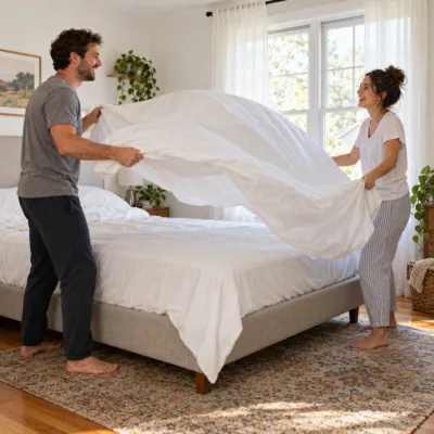 A couple in their thirties laughing as they spread a crisp white flat sheet over a bed together