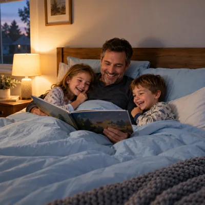 A father reading a picture book to two giggling young children under a light blue duvet