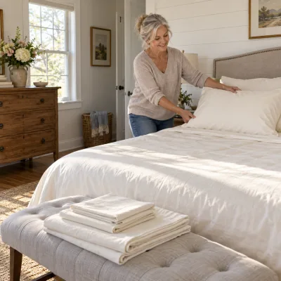 A woman in her sixties fluffing a pillow on a freshly made bed with ivory sheets