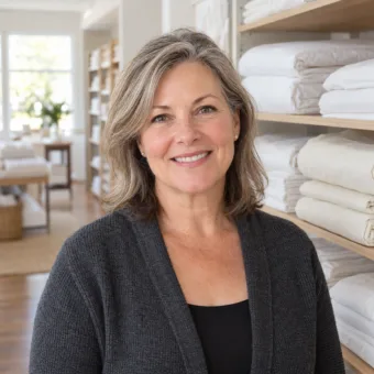A woman in her fifties in a plain charcoal cardigan standing beside shelves of folded white and cream sheets