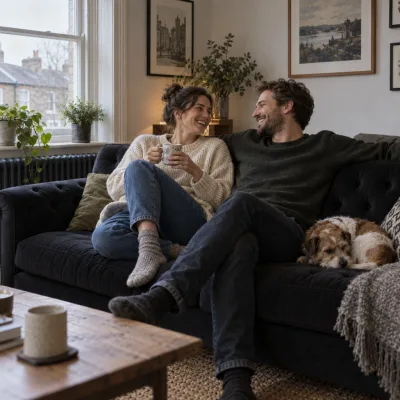 A couple in their thirties laughing on a black tufted three-seater sofa in a British living room, a small terrier at the end of the sofa